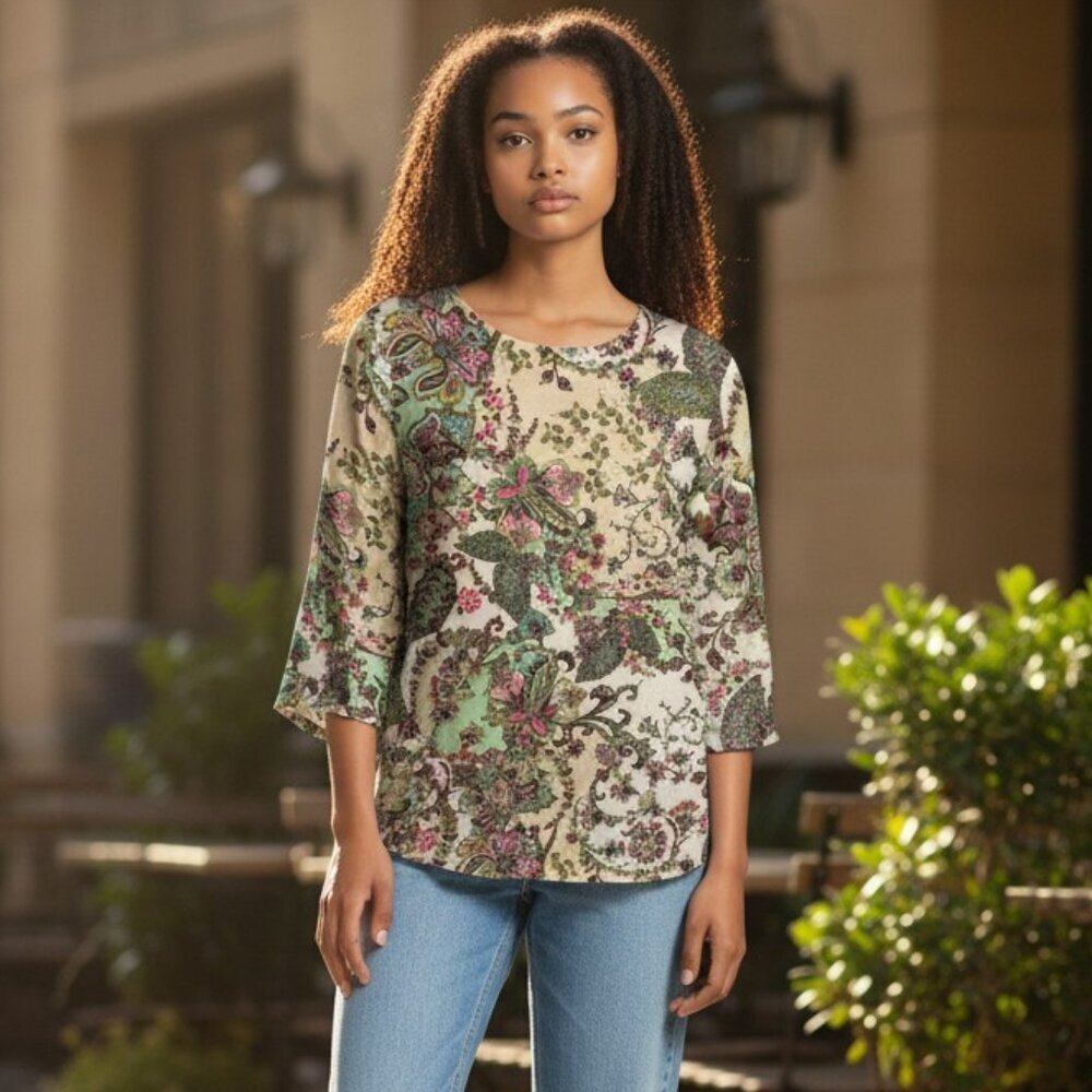 Grace Elements Womens Size XL Floral Linen Blend 3/4 Sleeve Blouse Top Shirt